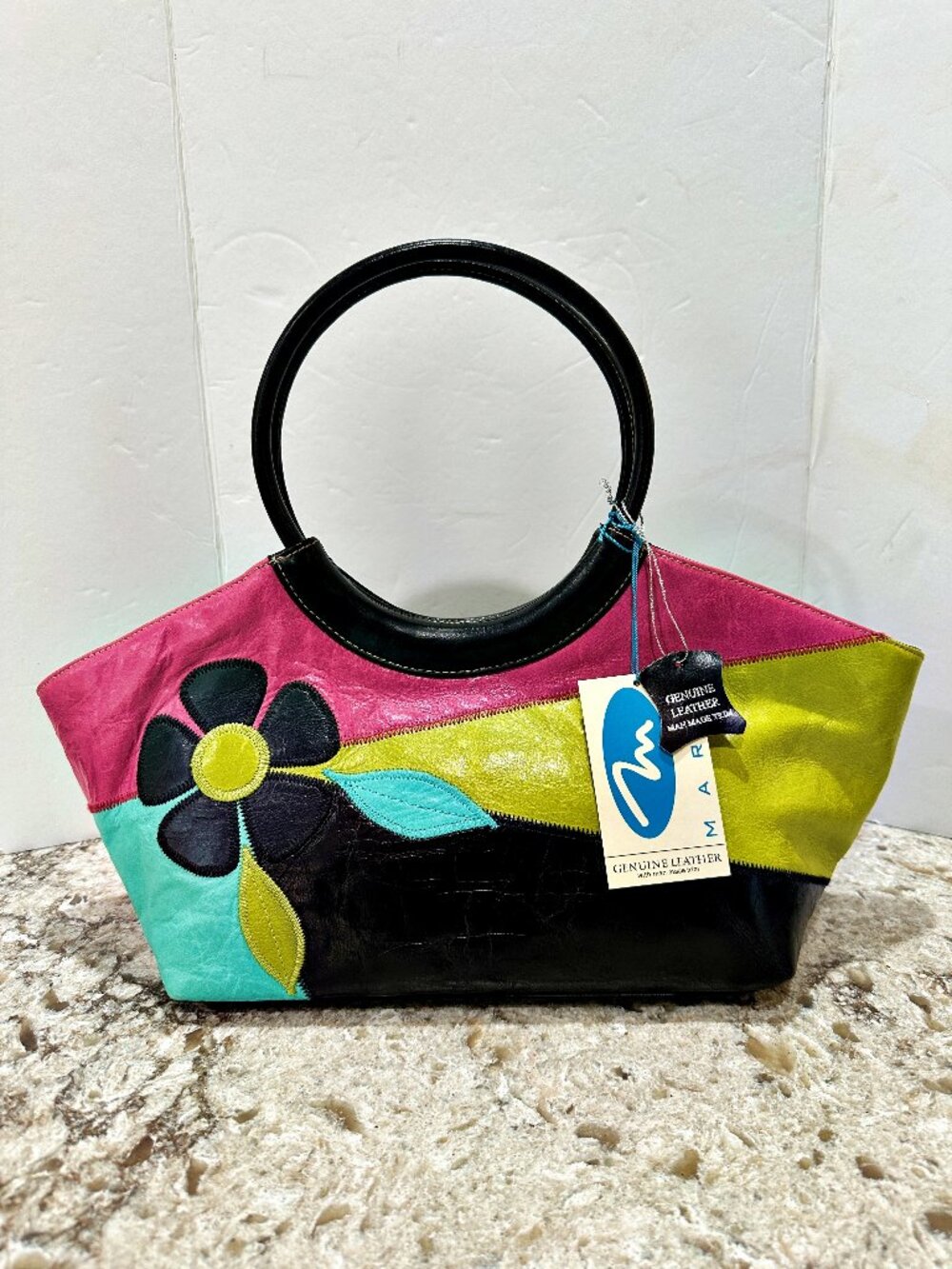 Marlo Genuine Leather Flower Colorblock Tote Handbag NWT Fushsia Multi Retro MOD